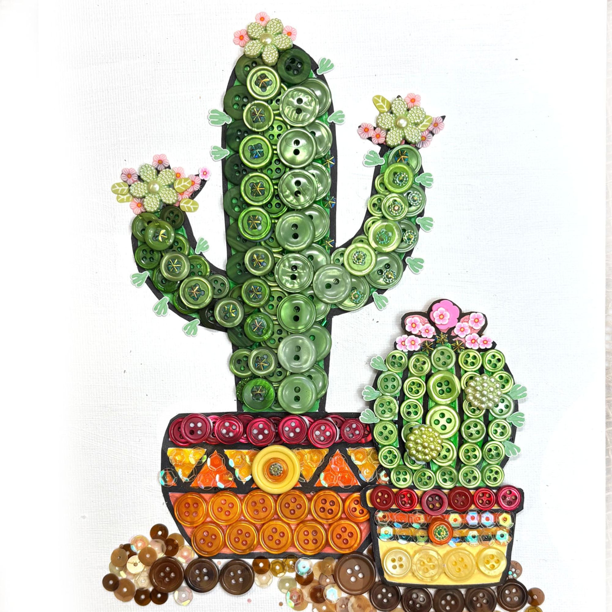 Buttons Galore & More Button Art DIY Craft Kit, Decorative Cactus Design with Sequins, Green and Pink Flowers, 8x10 Inches Canvas Size