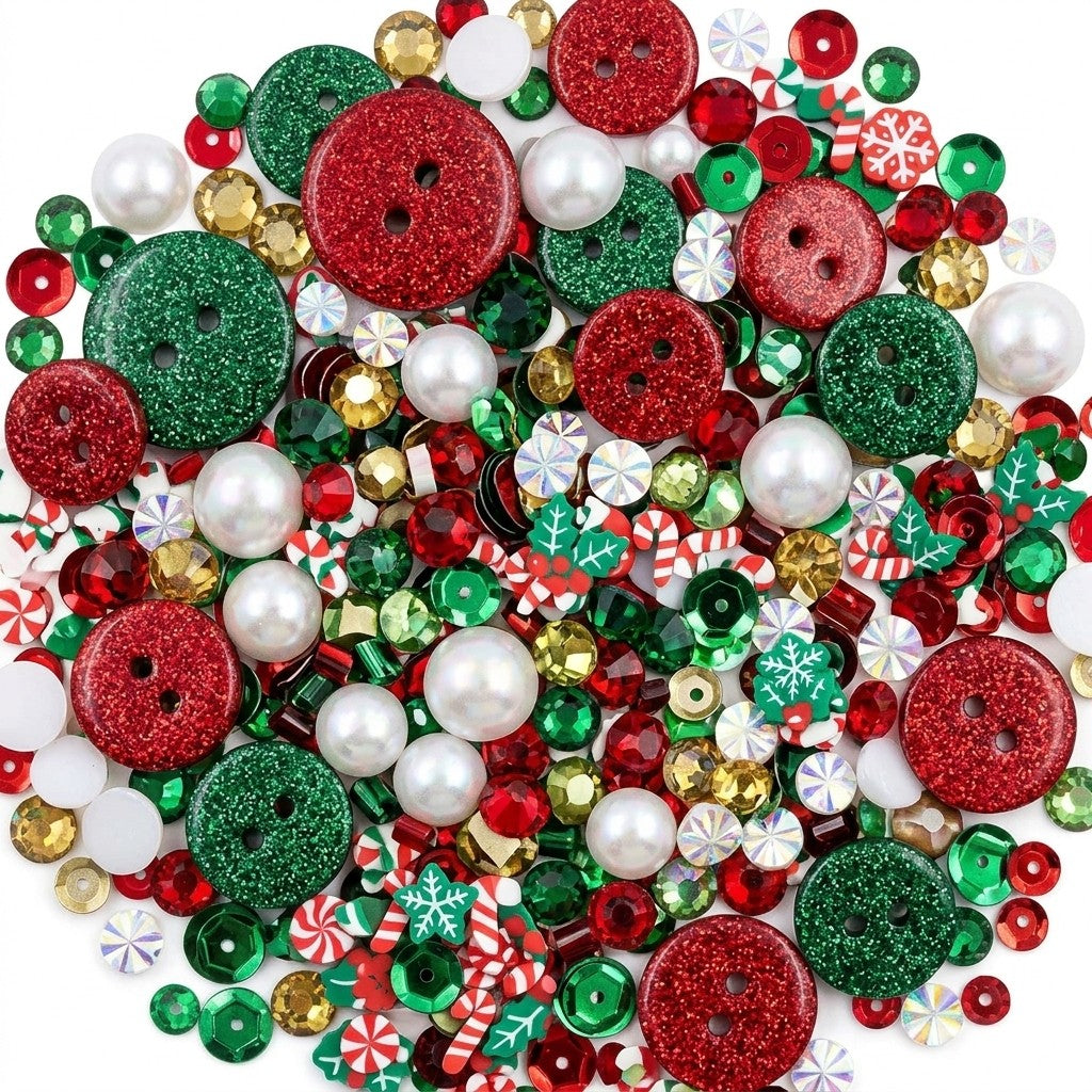 Christmas Craft Embellishment Bundle – 6-Pack Holiday Buttons, Beads & Sequins