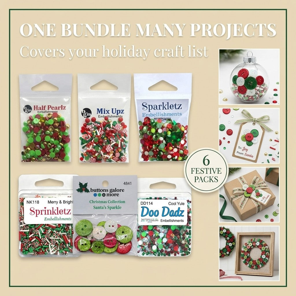 Christmas Craft Embellishment Bundle – 6-Pack Holiday Buttons, Beads & Sequins