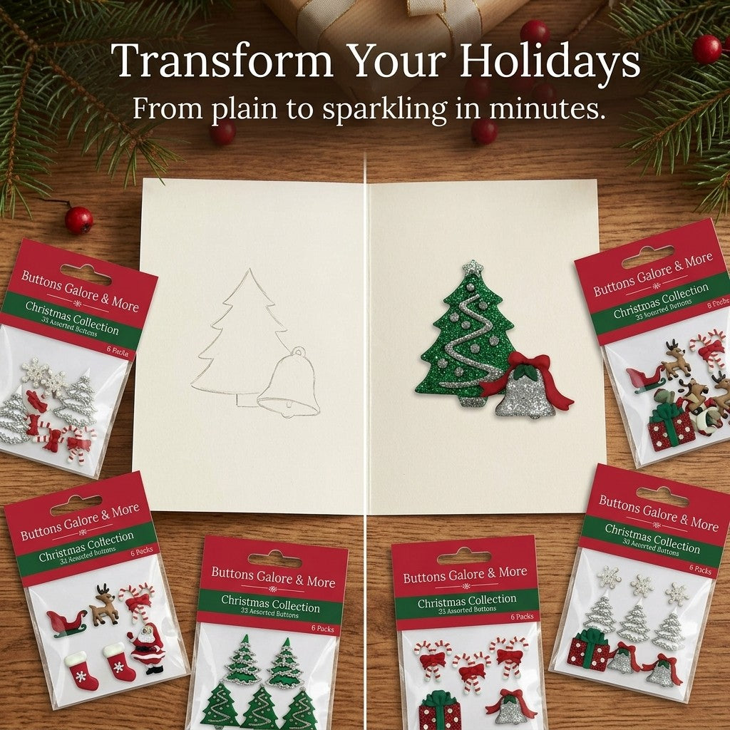Christmas Buttons for Crafts – 33 Piece Holiday Assortment 3D Novelty Buttons for Sewing, Scrapbooking, Card Making
