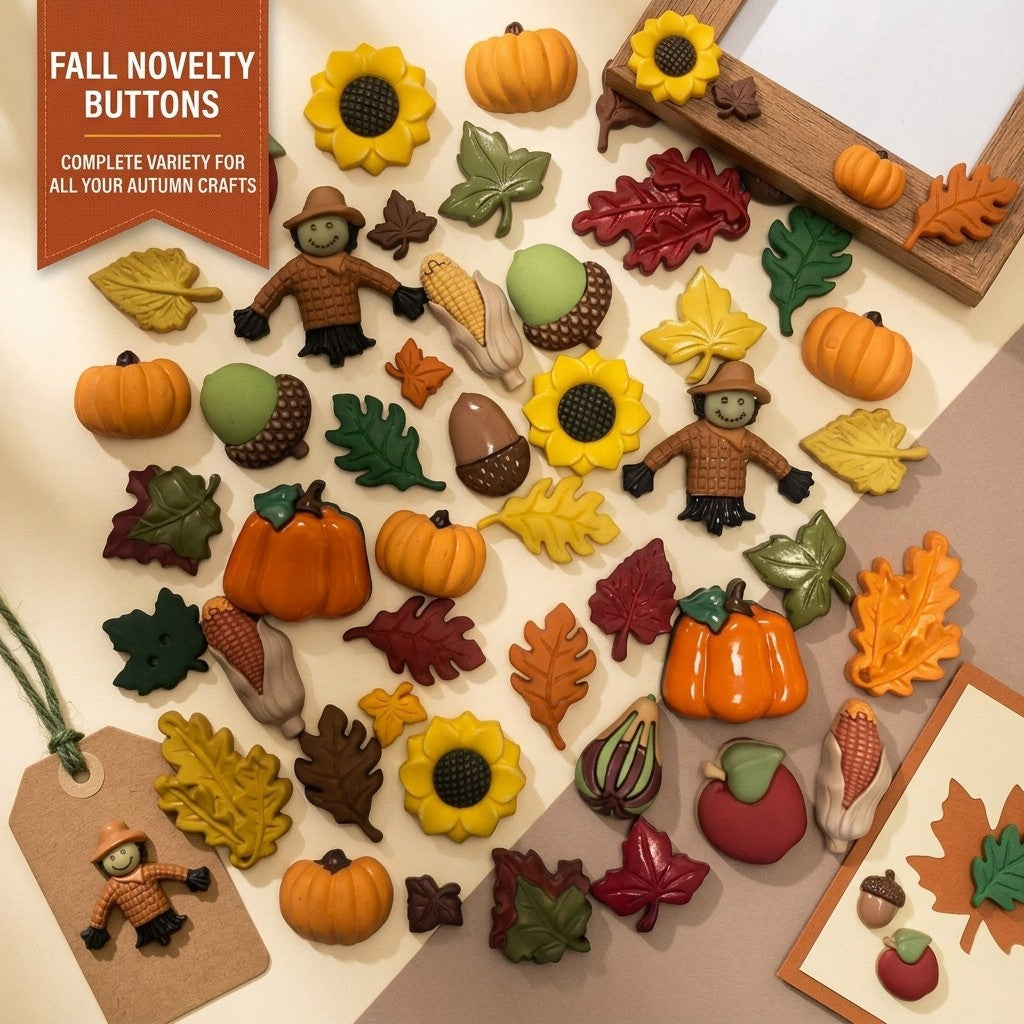 Fall Novelty Button Assortment – 50 Autumn Sewing & Craft Buttons with Pumpkins, Leaves & Harvest Shapes