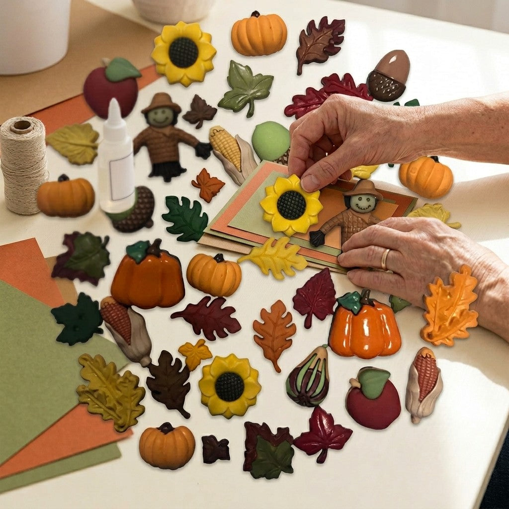 Fall Novelty Button Assortment – 50 Autumn Sewing & Craft Buttons with Pumpkins, Leaves & Harvest Shapes