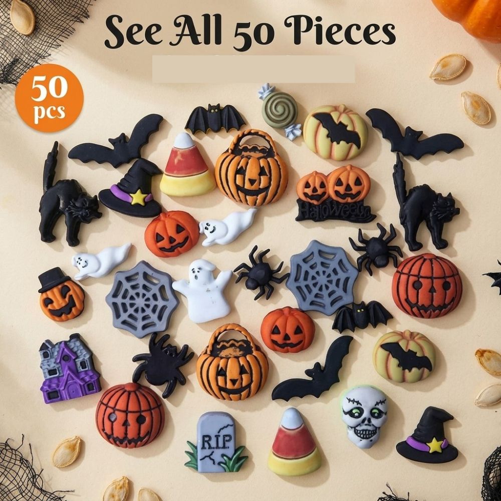 Halloween Novelty Craft & Sewing Buttons – 50 Piece Spooky Button Assortment for Scrapbooking, Card Making & DIY Crafts