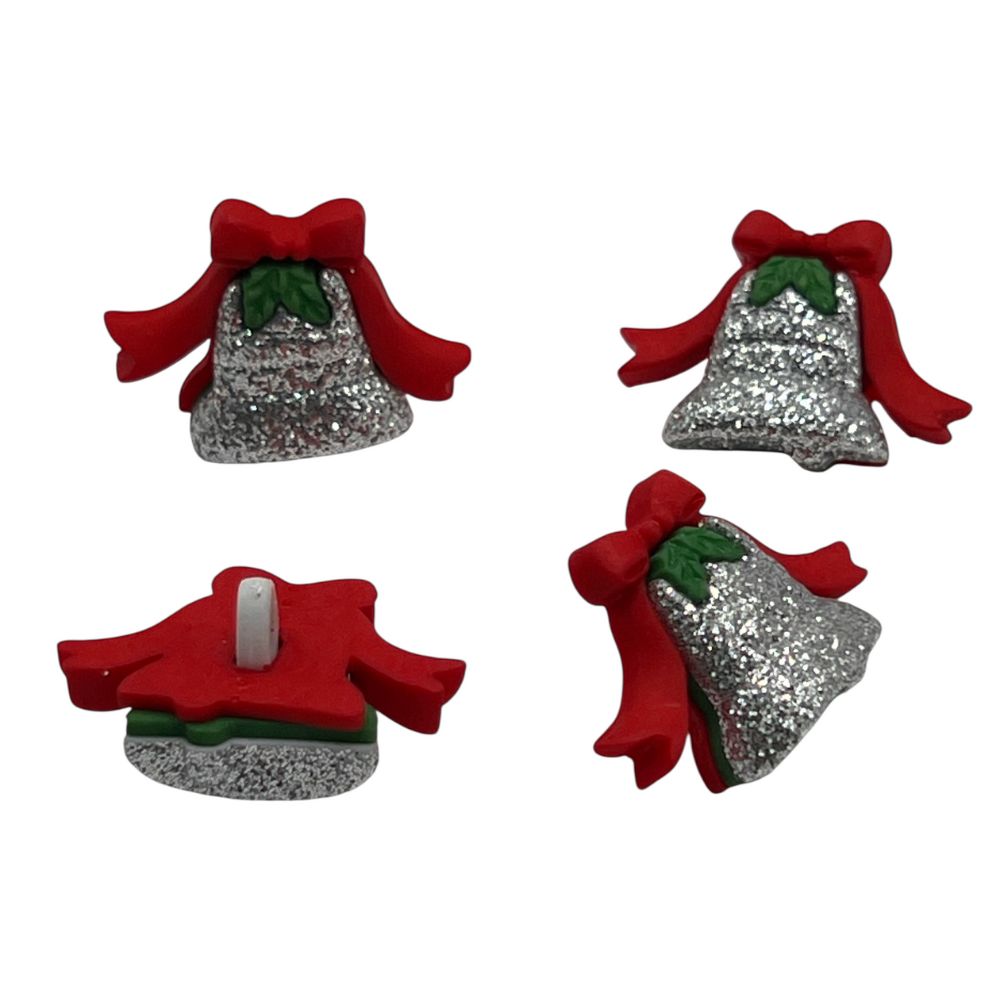 Silver Glitter Christmas Bell Button with Red Bow – Holiday Craft & Sewing Embellishment