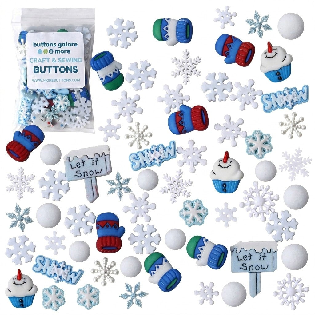 Winter Snow Button Assortment – 50-Piece Snowflake, Mitten & Winter-Themed Craft & Sewing Buttons